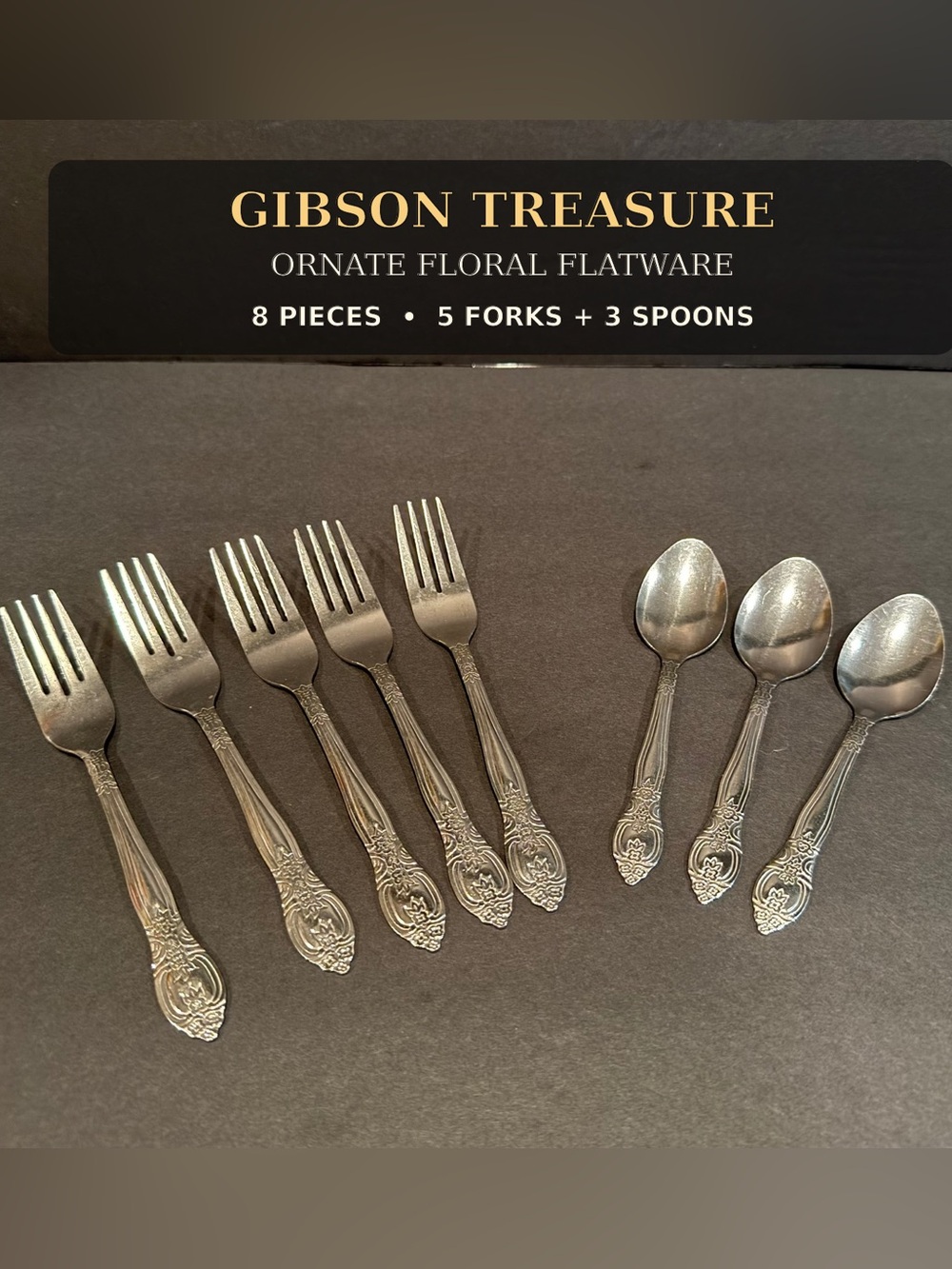 Gibson Treasure Stainless Flatware 8-Piece Set 5 Forks 3 Spoons